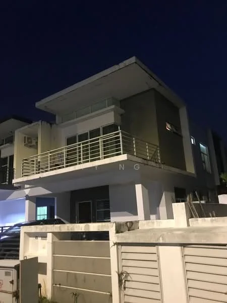 Exterior type: detached bungalow; features: two-storey building, flat roof, glass balcony railing, white painted facade, grey accent wall, large windows, visible air conditioning unit, driveway with gate, manicured landscaping, night lighting, modern architectural design; style: modern.