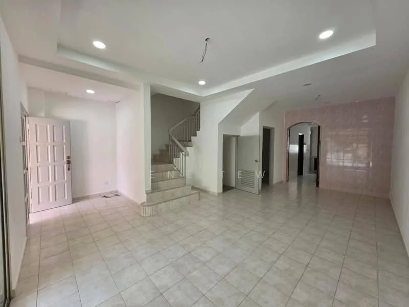 Room features: white painted walls, tile flooring, staircase with grey steps, recessed downlights, arched doorway, multiple doorways, open layout, natural light from windows; style: modern.