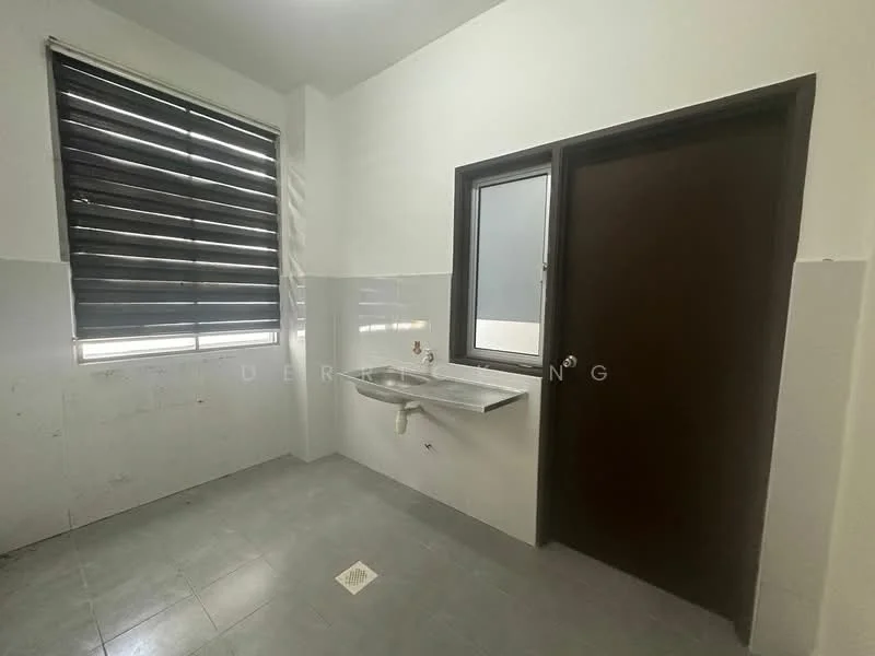 Laundry features: single-bowl stainless-steel sink, wall-mounted faucet, grey tiled flooring, white painted walls, black window with horizontal slats, window with view to outside, door to adjacent room, minimalist design; style: modern.
