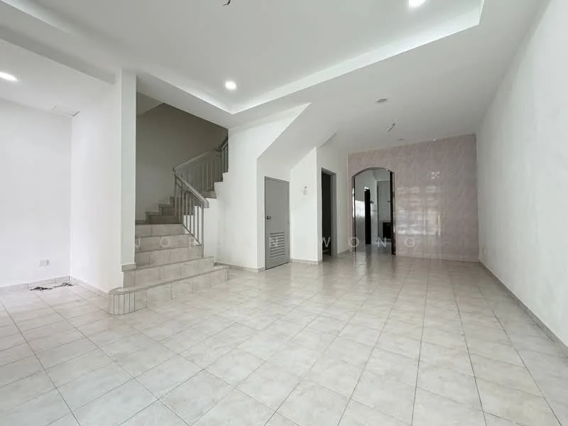 Living features: white painted walls, tile flooring, recessed downlights, staircase with metal railing, open layout, large windows, neutral color scheme, high ceiling; style: modern.