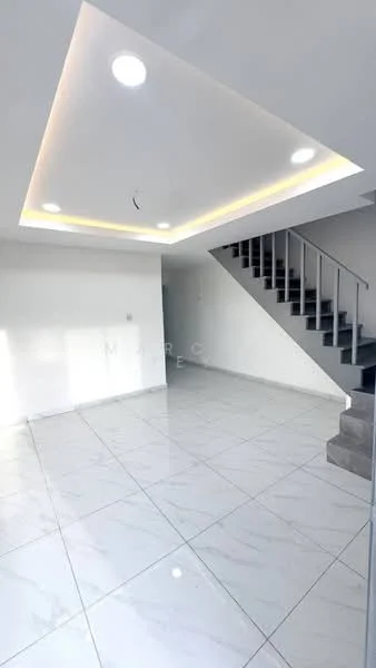 Room features: white painted walls, marble tile flooring, tray ceiling with recessed lighting, staircase with grey steps, LED ceiling lights, open layout, large windows for natural light; style: modern.