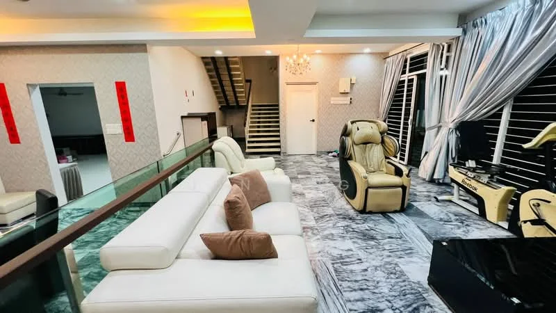 Living features: white leather 3-seater sofa, decorative cushions, marble flooring, chandelier, recessed downlights, floor-to-ceiling windows with sheer curtains, black coffee table, massage chair in beige, TV console, wall-mounted TV, open staircase, accent wall with patterned wallpaper; style: modern.