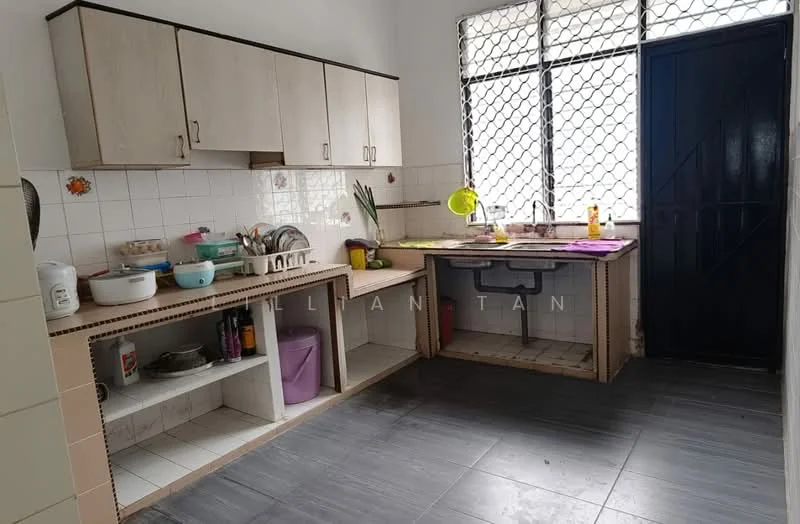 Kitchen features: white laminate cabinetry, grey countertop, single-bowl stainless-steel sink, chrome pull-down faucet, ceramic tile backsplash, built-in microwave, freestanding gas stove, open shelving, tile flooring, window with security grille, wall-mounted fan, kitchen table with chair.