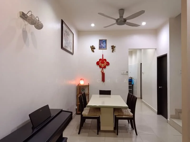 Dining features: white walls, glossy tile flooring, 5-blade ceiling fan with light, dining table with white surface, 4 black dining chairs, piano, decorative wall art, red wall hanging decoration, wall-mounted light fixture, doorway leading to hallway; style: modern.