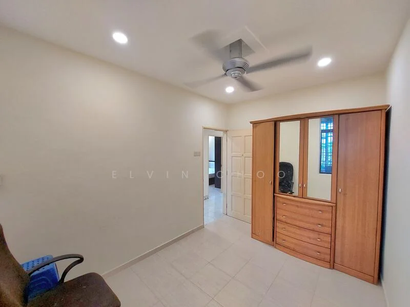 Room features: white painted walls, tile flooring, ceiling fan, built-in wardrobe with wooden finish, single window with grid pattern, doorway leading to another room, light fixtures on ceiling; style: modern.
