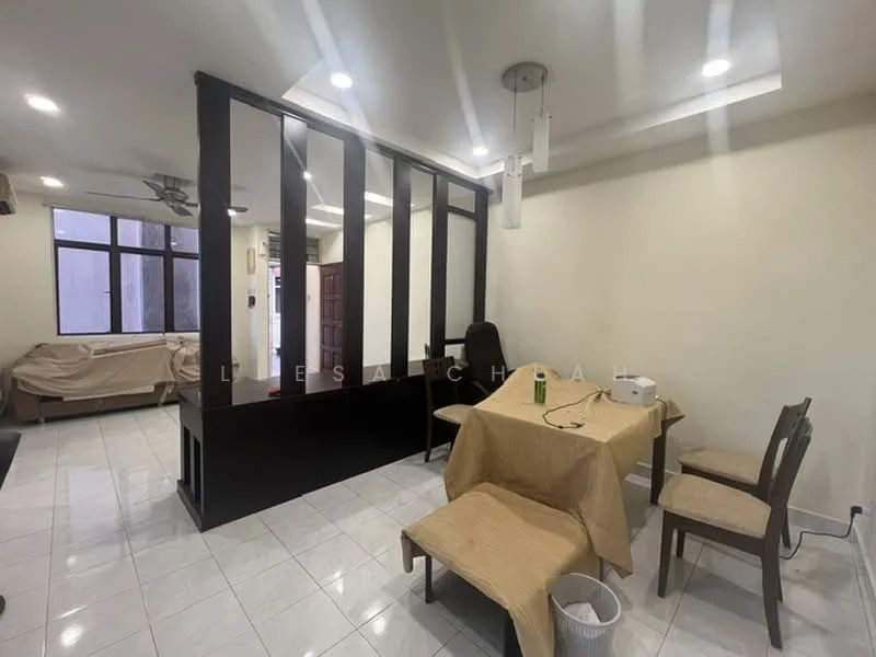 Dining features: white tiled flooring, cream painted walls, dining table with beige tablecloth, 4 wooden dining chairs, pendant light fixture, partition wall with vertical slats, ceiling with recessed lighting, floor-to-ceiling windows, wall-mounted fan; style: modern. Living features: white tiled flooring, cream painted walls, sofa covered with fabric, ceiling with recessed lighting, wall-mounted fan; style: modern.