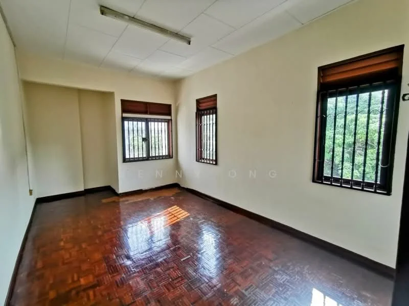 Room features: wooden flooring, cream painted walls, two windows with security bars, natural light from windows, ceiling lights, corner nook, no visible furniture; view: garden.