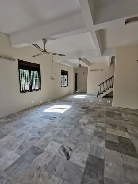 Living features: marble flooring, white painted walls, exposed ceiling beams, 2 ceiling fans, large windows, natural light, open layout, staircase visible.