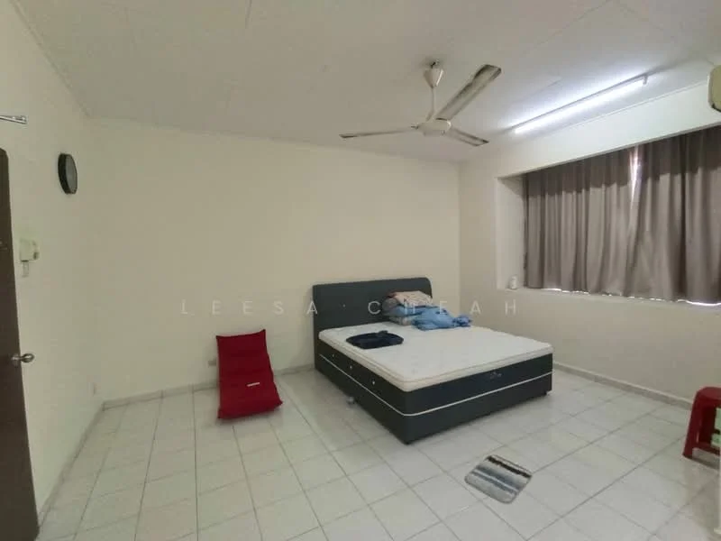 Bedroom features: white painted walls, ceiling fan, window with curtains, tile flooring, queen-size bed, mattress on bed frame, red folding chair, small round clock on wall, air conditioning unit.