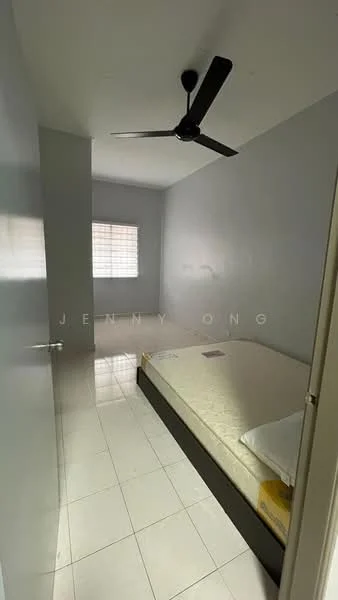 Bedroom features: grey painted walls, white tiled flooring, ceiling fan, window with horizontal blinds, queen-size bed, mattress on bed frame, minimalist decor, built-in wardrobe; style: minimalist.