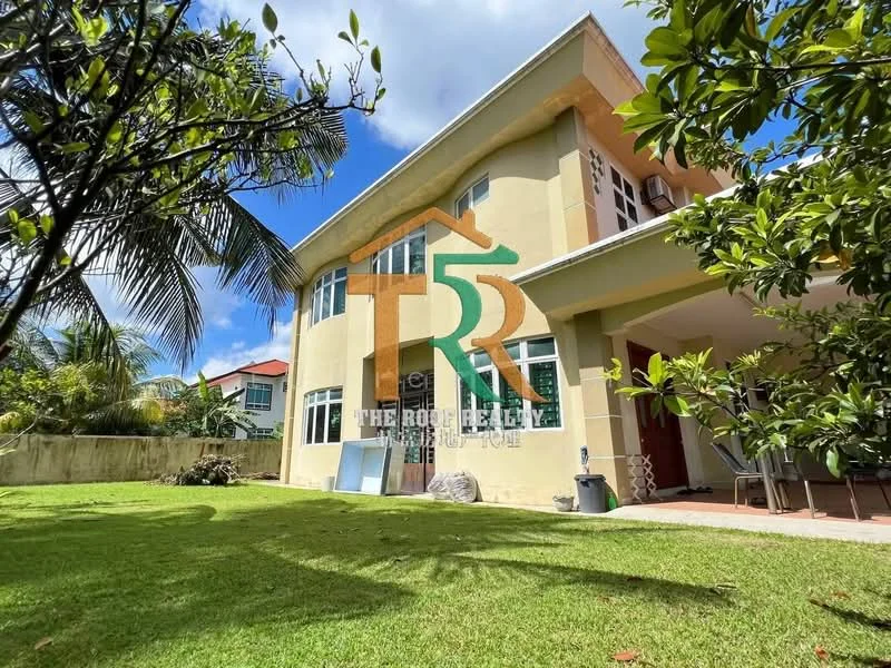 Exterior type: detached bungalow; features: green lawn, mature trees, exterior wall with cream paint, large windows, patio area, surrounded by greenery, two-storey structure; style: modern.