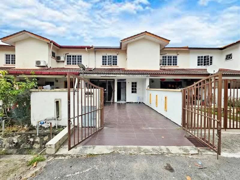 Exterior type: linked terrace house; features: white painted facade, red tiled roof, double-storey, gated entrance, paved driveway, front garden area, air conditioning units visible, multiple windows, manicured lawn, surrounded by greenery; style: modern.