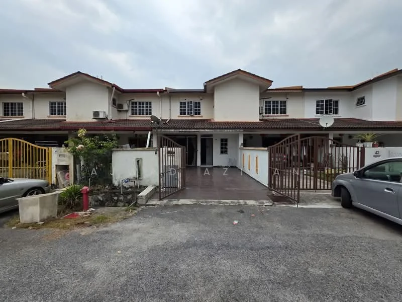 Exterior type: linked terrace house; features: two-storey building, white painted facade, red tiled roof, front gate with metal bars, paved driveway, parking space for two cars, landscaped front garden, visible air conditioning units, security grill on windows, outdoor lighting fixtures; style: modern.