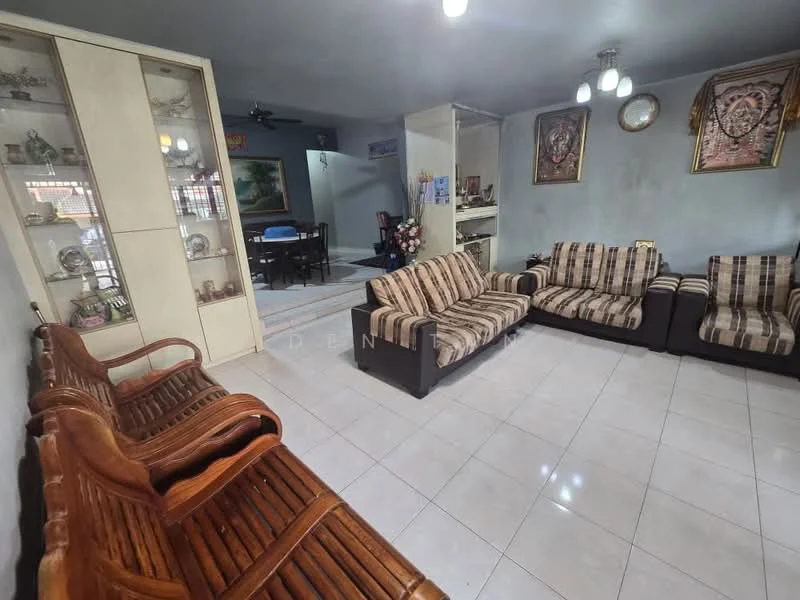 Living features: white painted walls, glossy ceramic tile flooring, 5-blade ceiling fan, recessed downlights, 3-seater fabric sofa in brown and beige stripes, 2-seater fabric sofa in brown and beige stripes, wooden armchairs, glass display cabinet, decorative wall art, framed artwork, coffee table; style: contemporary.