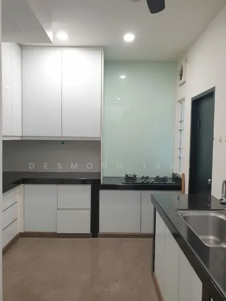 Kitchen features: white cabinetry with flat-panel doors, black granite countertop, stainless-steel single-bowl sink, chrome pull-down faucet, glass backsplash, built-in gas hob with 2 burners, recessed downlights, light-colored laminate flooring; style: modern.