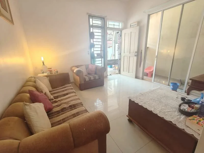 Living features: cream painted walls, glossy tile flooring, 3-seater fabric sofa in beige, 2-seater fabric sofa with striped pattern, wood coffee table, decorative tablecloth, floor-to-ceiling sliding glass door, natural light from window, wall-mounted light fixture, decorative wall art; style: modern.