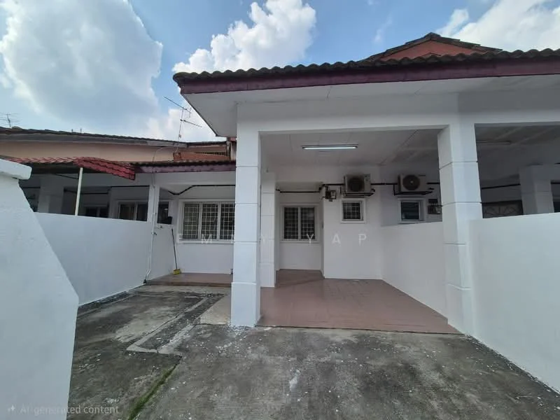 Exterior type: linked terrace house; features: white painted facade, flat roof, approximately single-storey, manicured lawn, driveway with concrete surface, air conditioning units visible, covered porch area, windows with grilles, paved walkway; style: modern.