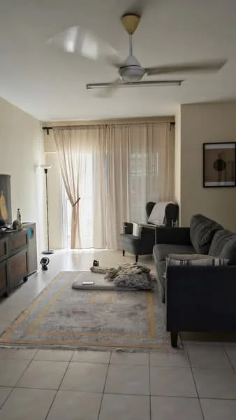 Living features: 3-seater fabric sofa in grey, coffee table, TV console, wall-mounted TV, area rug with geometric pattern, ceiling fan, floor-to-ceiling windows, sheer curtains, decorative wall art, laminate flooring, light-colored walls, corner floor lamp; style: modern.