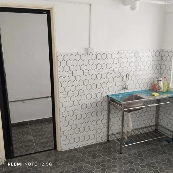 Kitchen features: hexagonal tile backsplash, stainless-steel sink, chrome faucet, metal kitchen cart, grey hexagon floor tiles, white painted walls, black-framed mirror, wall-mounted electrical outlet; style: modern.
