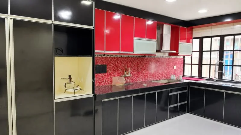 Kitchen features: black laminate cabinetry, red high-gloss upper cabinets, black granite countertop, red mosaic tile backsplash, stainless-steel sink, chrome pull-down faucet, built-in oven, freestanding fridge, window with grid pattern, recessed downlights, grey tile flooring; style: modern.