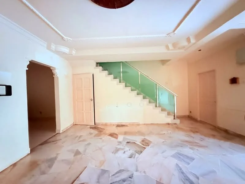 Living features: marble flooring, white painted walls, crown moulding, staircase with glass railing, recessed ceiling, doorway to adjacent room, natural light from windows, neutral color palette; style: modern.