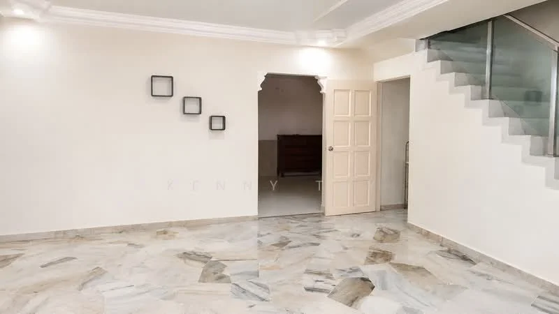 Room features: marble flooring, white painted walls, crown moulding, wooden door, staircase with glass railing, three wall-mounted frames, recessed ceiling lights, open layout; style: modern.