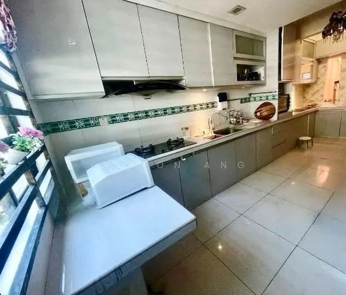 Kitchen features: grey cabinetry, stainless-steel range hood, 4-burner gas hob, double-bowl stainless-steel sink, chrome pull-down faucet, white countertop, ceramic tile backsplash with green pattern, built-in oven, recessed downlights, wall-mounted cabinets, floor tiles, window with sheer curtains; style: modern.