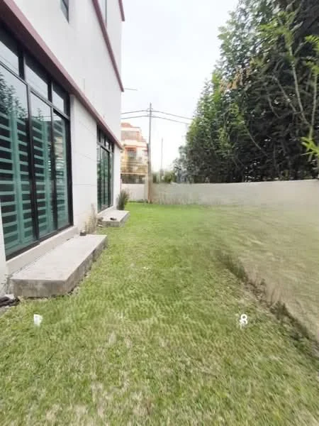 Exterior features: grass lawn, concrete stepping stones, fenced perimeter, landscaped garden, tall hedges, exterior wall, windows with green shutters; style: modern.