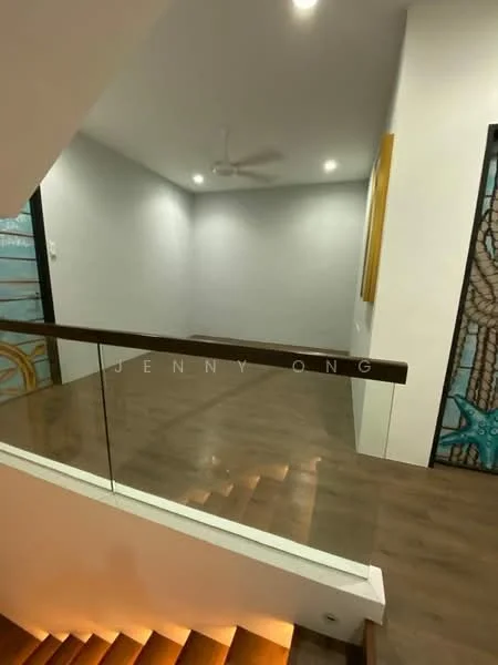 Room features: grey painted walls, wooden flooring, 5-blade ceiling fan, glass railing, recessed downlights, staircase with wooden steps, decorative wall art, open space layout; style: modern.