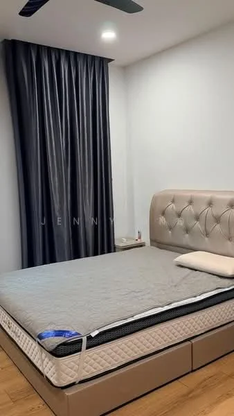 Bedroom features: queen-size bed, upholstered headboard, grey bedding, wooden flooring, blackout curtains, white painted walls, nightstand, table lamp, ceiling fan with light; style: modern.