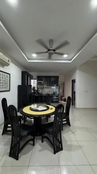 Dining features: round dining table, black dining chairs, 5-blade ceiling fan with light, white painted walls, recessed ceiling with lighting, tile flooring, air conditioning unit, kitchen cabinetry in dark color, open layout to kitchen, large window for natural light; style: modern.