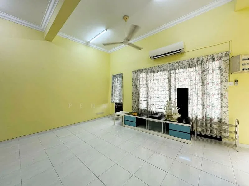 Living features: yellow painted walls, white ceiling with crown moulding, floor-to-ceiling windows with sheer curtains, sliding glass door, white tiled flooring, 5-blade ceiling fan, TV console, black television, decorative coffee table, area rug, wall-mounted air conditioning unit; style: modern.