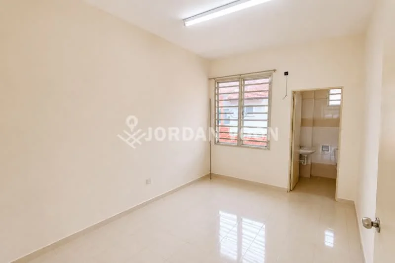 Room features: cream painted walls, glossy tile flooring, window with horizontal blinds, flush ceiling lights, door leading to bathroom, neutral color scheme; style: minimalist.