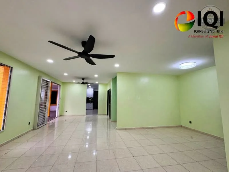 Living features: light green painted walls, glossy beige tile flooring, 5-blade ceiling fan, recessed LED downlights, large windows, open layout, neutral decor, no visible furniture; style: modern.