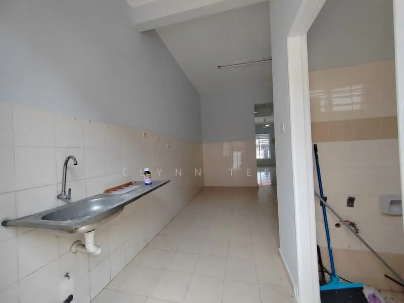 Laundry features: single-bowl stainless-steel sink, chrome faucet, white tiled walls, light-colored floor tiles, window for natural light, clean and minimalistic design, utility area, wall-mounted broom holder; style: modern.