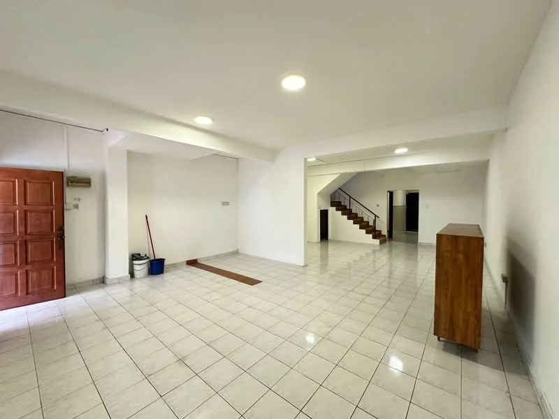 Room features: white painted walls, tile flooring, recessed downlights, staircase with wooden handrail, open layout, large windows, wooden door, storage cabinet, clean and uncluttered space; style: modern.