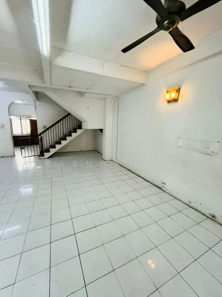 Room features: white painted walls, white tiled flooring, ceiling fan, staircase, window with natural light, light fixture on wall, open layout, exposed beams; style: minimalist.