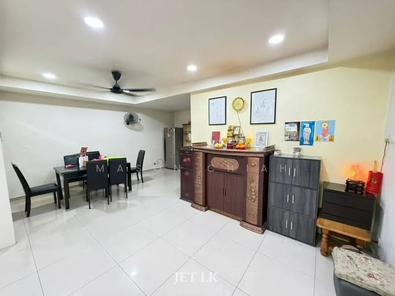 Living features: white painted walls, glossy tile flooring, recessed downlights, 5-blade ceiling fan, dining table for 6 with black chairs, wooden sideboard, decorative altar, black storage cabinet, wall-mounted air conditioning unit; style: modern.