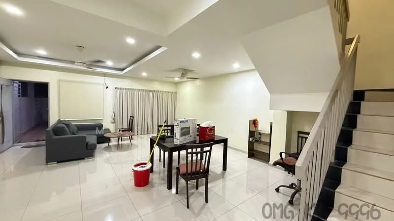 Living features: grey fabric sofa, 4-seater dining table, wooden dining chairs, white tiled flooring, recessed ceiling lights, ceiling fan, large window with sheer curtains, staircase with white railing; style: modern.