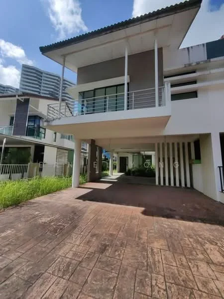 Exterior type: detached bungalow; features: two-storey building, white painted facade, large glass windows, balcony with railing, covered car porch, stamped concrete driveway, manicured lawn, surrounded by greenery, modern architectural design; style: modern.
