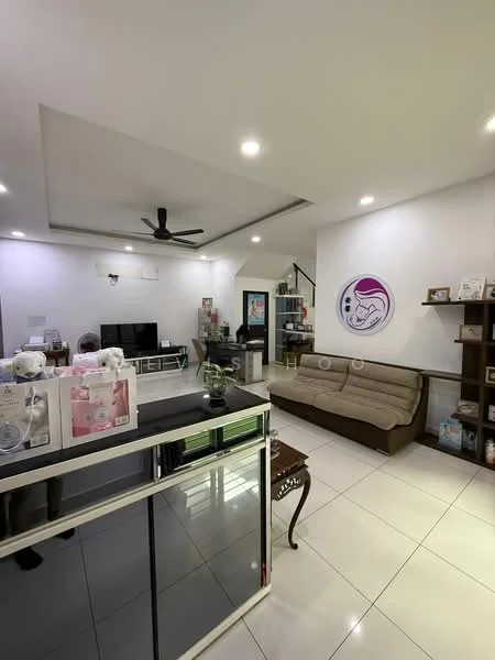 Living features: white painted walls, recessed ceiling with downlights, 5-blade ceiling fan, large flat-screen TV, TV console, sofa in beige, coffee table, decorative wall art, open shelving unit, tile flooring, greenery decor; style: modern.