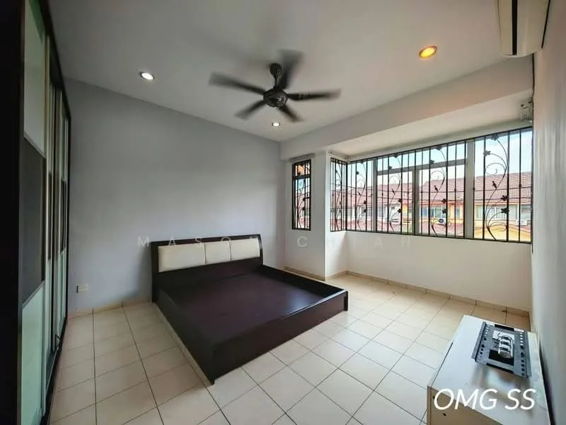 Bedroom features: queen-size bed with upholstered headboard, built-in wardrobe with sliding doors, ceiling fan, floor-to-ceiling windows, tile flooring, neutral wall color, window grills, natural light from windows; style: modern.