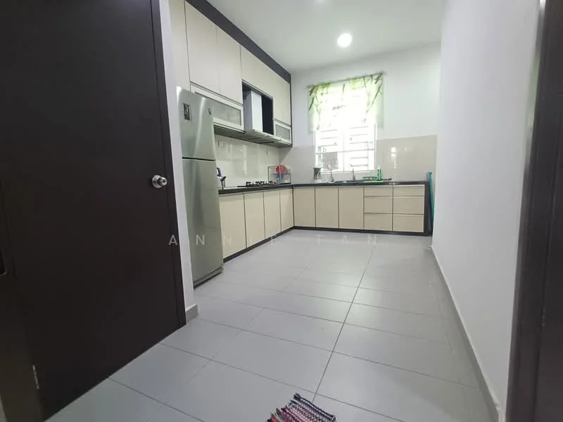 Kitchen features: light grey tiled flooring, white cabinets with flat-panel design, stainless-steel refrigerator, built-in oven, 4-burner gas hob, stainless-steel range hood, double-bowl stainless-steel sink, window with sheer curtains, countertop with light-colored surface, wall-mounted cabinets, kitchen utensils visible on countertop, green accent curtain; style: modern.