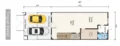 Floor plan: 2-bedroom 1-bathroom unit; features: open-plan kitchen-dining-living, master bedroom with ensuite bathroom, bedroom 2 with shared bathroom, utility room, car porch for 2 cars, central foyer, laundry area, private yard.