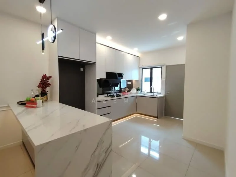 Kitchen features: marble countertop, white cabinetry, black built-in oven, black gas hob, stainless-steel range hood, single-bowl stainless-steel sink, chrome pull-down faucet, recessed LED downlights, floor-to-ceiling windows, tile flooring, open shelving, decorative plants, kitchen island with seating; style: modern.