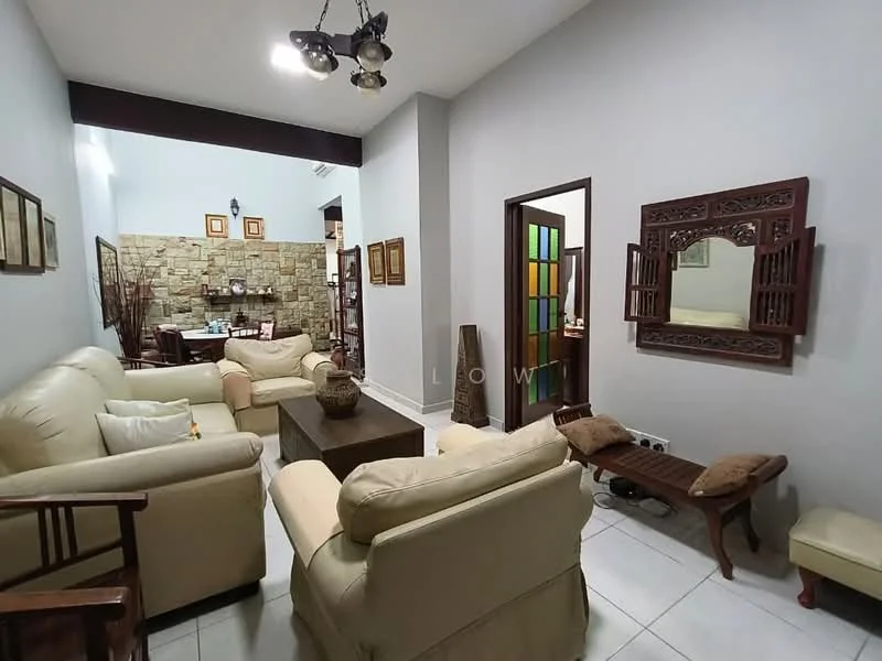Living features: cream leather sofas, wooden coffee table, decorative wall mirror, stone accent wall, recessed ceiling lights, wooden side table, framed artwork on walls, white tiled flooring; style: traditional.