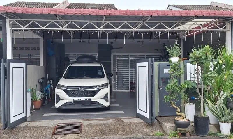 Exterior type: linked terrace house; features: car porch with awning, white painted facade, sliding gate, potted plants, manicured landscaping, grey tiled flooring, security door, metal roof, exposed beams, decorative lighting; style: modern.