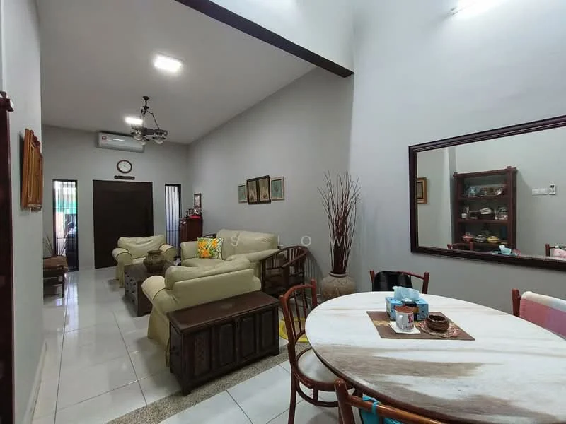 Living features: cream painted walls, white ceiling, 5-blade ceiling fan with light, recessed downlights, 3-seater fabric sofa in light beige, 2-seater fabric sofa in light beige, wooden coffee table, decorative wall art, framed artwork, area rug with neutral pattern, sliding glass door, tile flooring; style: modern. Dining features: round dining table, wooden dining chairs, decorative centerpiece, table mats, display cabinet, mirror on wall; style: modern.