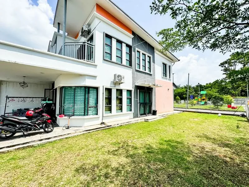 Exterior type: detached bungalow; features: white painted facade, orange accent wall, glass windows, balcony with railing, manicured lawn, paved walkway, air conditioning unit, two motorcycles parked, surrounded by greenery, single-storey, modern architectural style; style: modern.