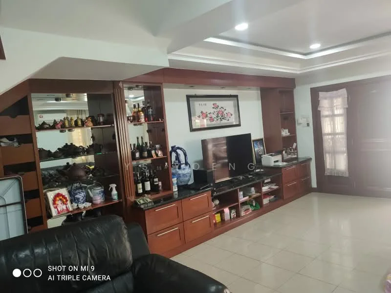 Living features: cream painted walls, glossy tile flooring, recessed downlights, built-in wooden cabinetry, wall-mounted TV, decorative artwork, open shelving, black leather sofa, glass display cabinet, curtains, decorative figurines, area rug; style: modern.